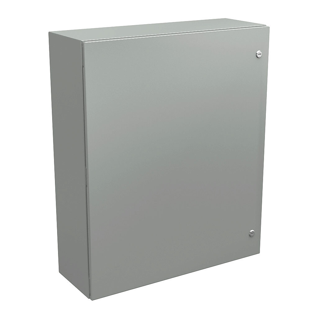 N412363010CLG - Wiegmann Ultimate series enclosure, NEMA 4/12/13, 36 x 30 x 10in (HxWxD), wall mount, carbon steel, RAL 7035 light gray, powder coat finish, single-door, 1/4-turn semi-flush oil-tight latch.