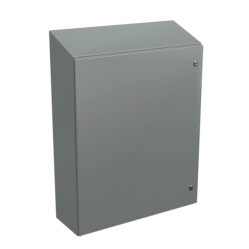 N412363010CST - Wiegmann Ultimate series enclosure, slope top, NEMA 4/12/13, 36 x 30 x 10in (HxWxD), wall mount, carbon steel, ANSI 61 gray, powder coat finish, single-door, 1/4-turn semi-flush oil-tight latch.