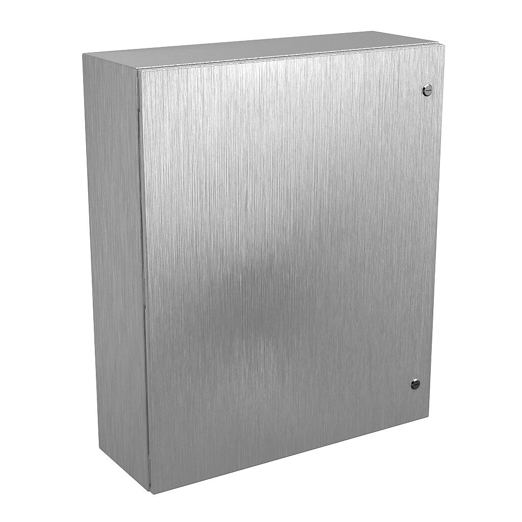 N412363010SSC - Wiegmann Ultimate series enclosure, NEMA 4/4X/12/13, 36 x 30 x 10in (HxWxD), wall mount, 304 stainless steel, No. 3 intermediate polished finish, single-door, 1/4-turn semi-flush oil-tight latch.