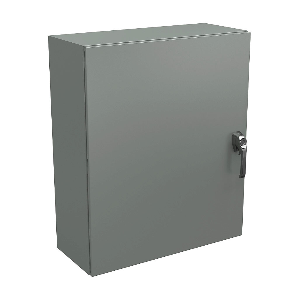 N4123630123PTC - Wiegmann Ultimate series enclosure, NEMA 4/12/13, 36 x 30 x 12in (HxWxD), wall mount, carbon steel, ANSI 61 gray, powder coat finish, single-door, 3-point keylocking/padlocking combo handle, handle hasp.