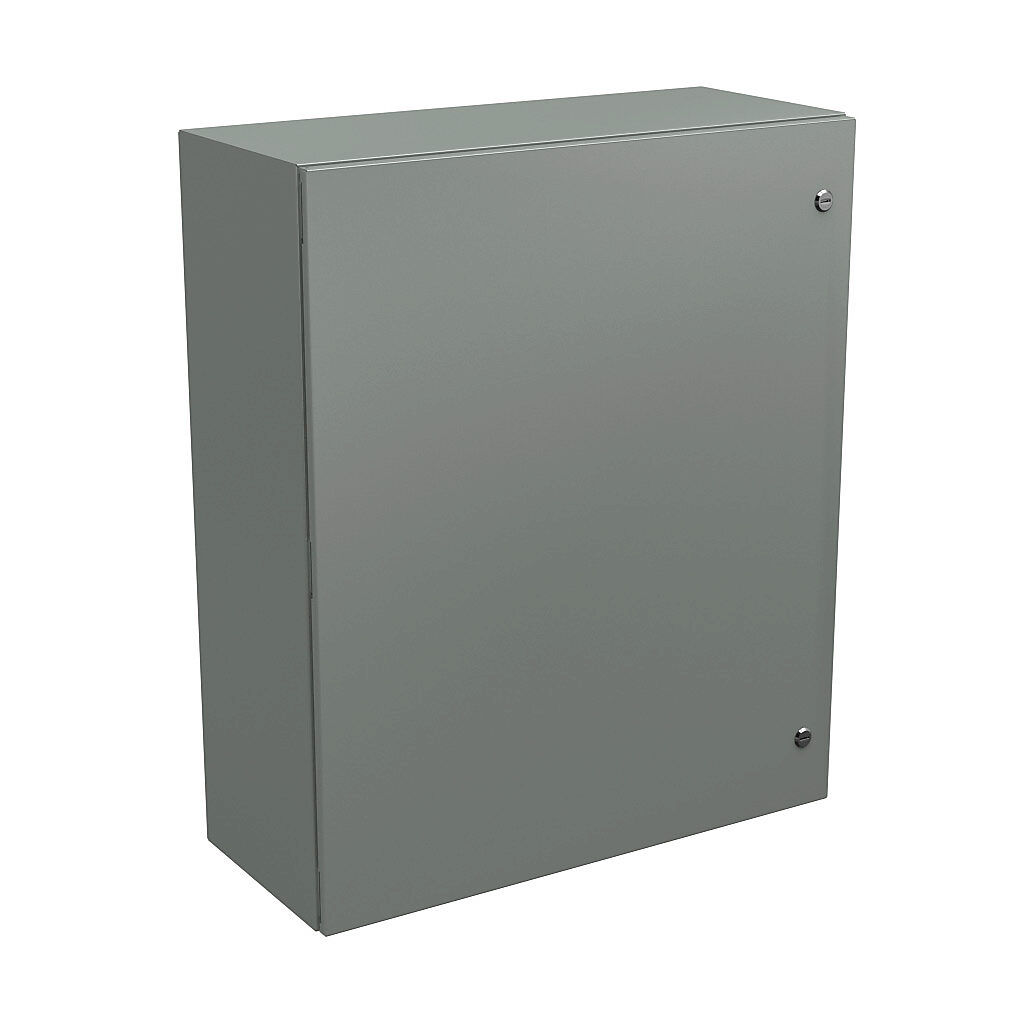 N412363012C - Wiegmann Ultimate series enclosure, NEMA 4/12/13, 36 x 30 x 12in (HxWxD), wall mount, carbon steel, ANSI 61 gray, powder coat finish, single-door, 1/4-turn semi-flush oil-tight latch.