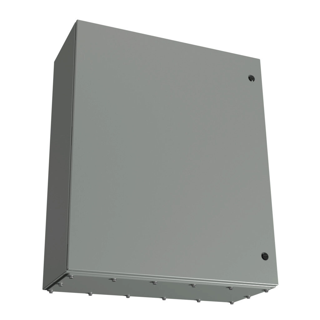 N412363012CGP - Wiegmann Ultimate series enclosure, NEMA 3R/4/12/13, 36 x 30 x 12in (HxWxD), wall mount, bottom gland plate, carbon steel, ANSI 61 gray, powder coat finish, single-door, 1/4-turn semi-flush oil-tight latch.