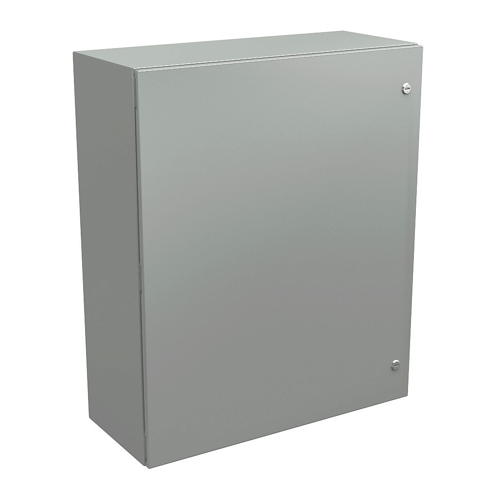 N412363012CLG - Wiegmann Ultimate series enclosure, NEMA 4/12/13, 36 x 30 x 12in (HxWxD), wall mount, carbon steel, RAL 7035 light gray, powder coat finish, single-door, 1/4-turn semi-flush oil-tight latch.