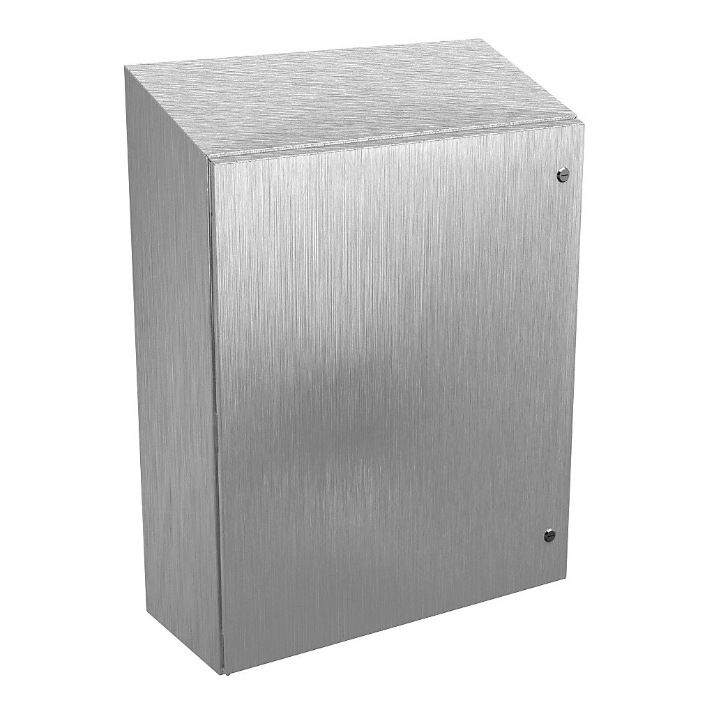 N412363012CSSST - Wiegmann Ultimate series enclosure, slope top, NEMA 4/4X/12/13, 36 x 30 x 12in (HxWxD), wall mount, 304 stainless steel, No. 3 intermediate polished finish, single-door, 1/4-turn semi-flush oil-tight latch.