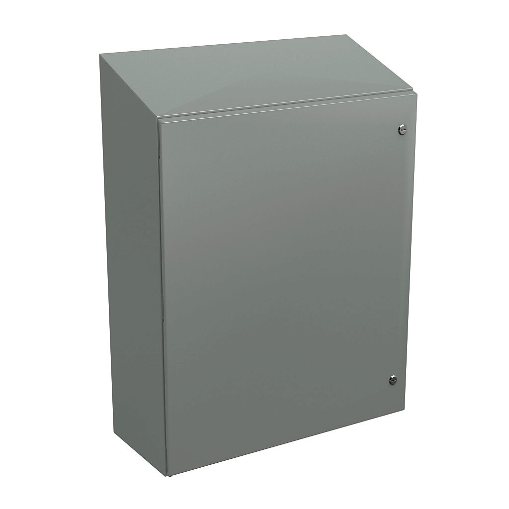 N412363012CST - Wiegmann Ultimate series enclosure, slope top, NEMA 4/12/13, 36 x 30 x 12in (HxWxD), wall mount, carbon steel, ANSI 61 gray, powder coat finish, single-door, 1/4-turn semi-flush oil-tight latch.