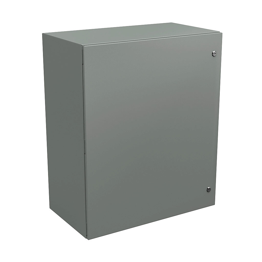 N412363016C - Wiegmann Ultimate series enclosure, NEMA 4/12/13, 36 x 30 x 16in (HxWxD), wall mount, carbon steel, ANSI 61 gray, powder coat finish, single-door, 1/4-turn semi-flush oil-tight latch.
