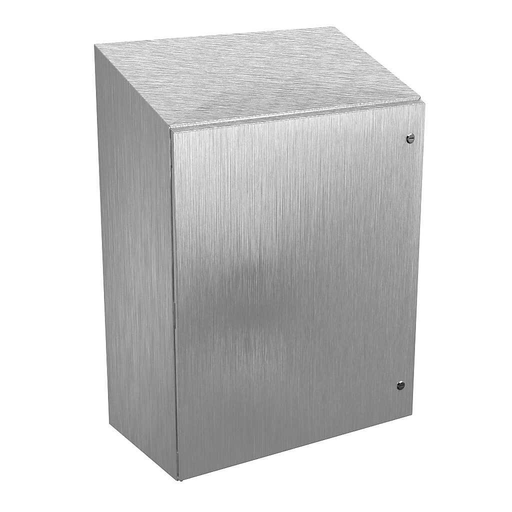N412363016CSSST - Wiegmann Ultimate series enclosure, slope top, NEMA 4/4X/12/13, 36 x 30 x 16in (HxWxD), wall mount, 304 stainless steel, No. 3 intermediate polished finish, single-door, 1/4-turn semi-flush oil-tight latch.