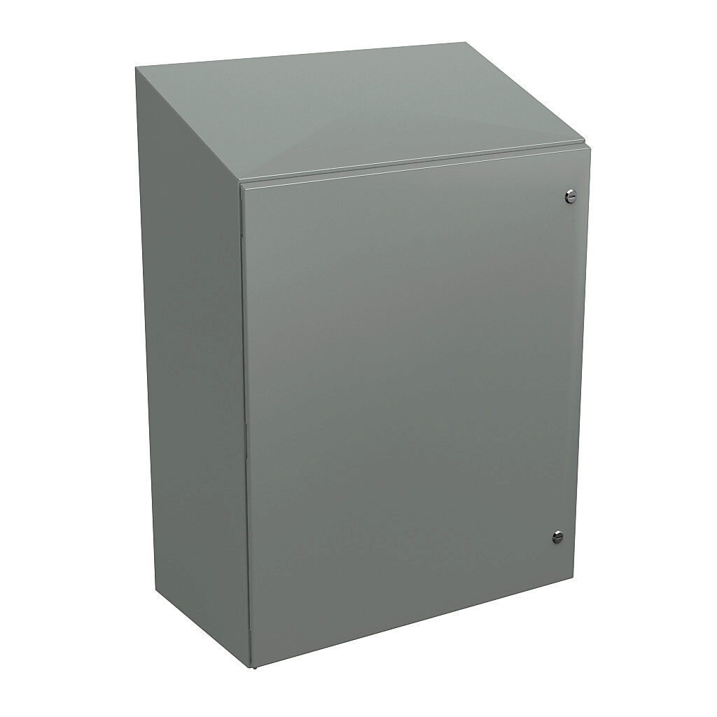 N412363016CST - Wiegmann Ultimate series enclosure, slope top, NEMA 4/12/13, 36 x 30 x 16in (HxWxD), wall mount, carbon steel, ANSI 61 gray, powder coat finish, single-door, 1/4-turn semi-flush oil-tight latch.