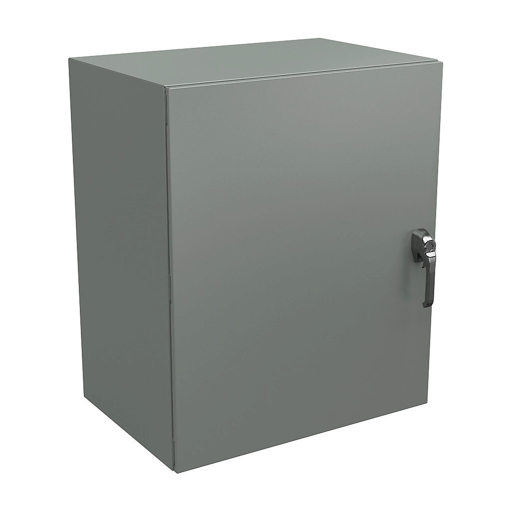 N4123630203PTC - Wiegmann Ultimate series enclosure, NEMA 4/12/13, 36 x 30 x 20in (HxWxD), wall mount, carbon steel, ANSI 61 gray, powder coat finish, single-door, 3-point keylocking/padlocking combo handle, handle hasp.