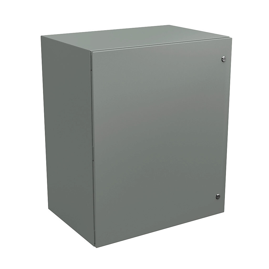 N412363020C - Wiegmann Ultimate series enclosure, NEMA 4/12/13, 36 x 30 x 20in (HxWxD), wall mount, carbon steel, ANSI 61 gray, powder coat finish, single-door, 1/4-turn semi-flush oil-tight latch.