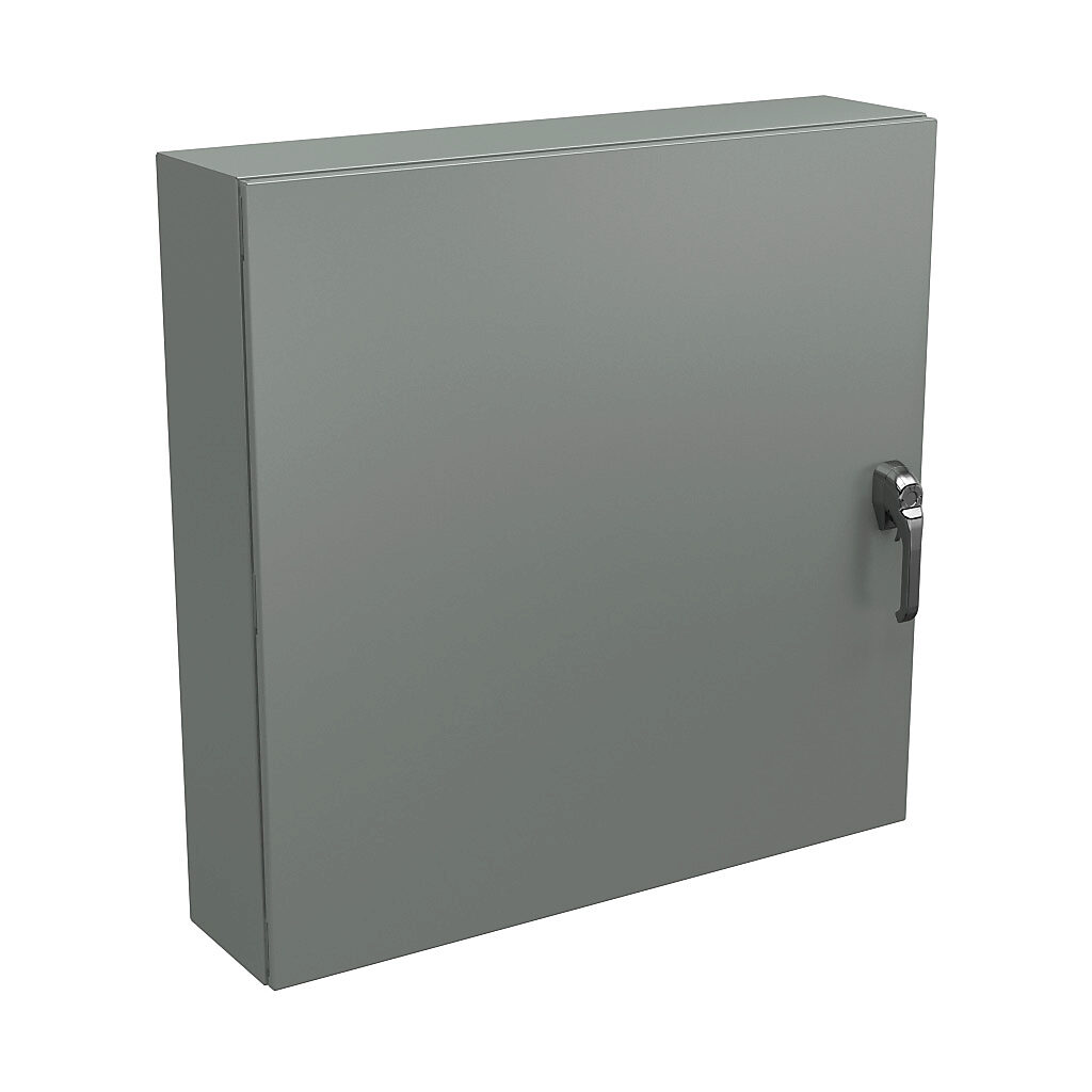 N4123636083PTC - Wiegmann Ultimate series enclosure, NEMA 4/12/13, 36 x 36 x 8in (HxWxD), wall mount, carbon steel, ANSI 61 gray, powder coat finish, single-door, 3-point keylocking/padlocking combo handle, handle hasp.