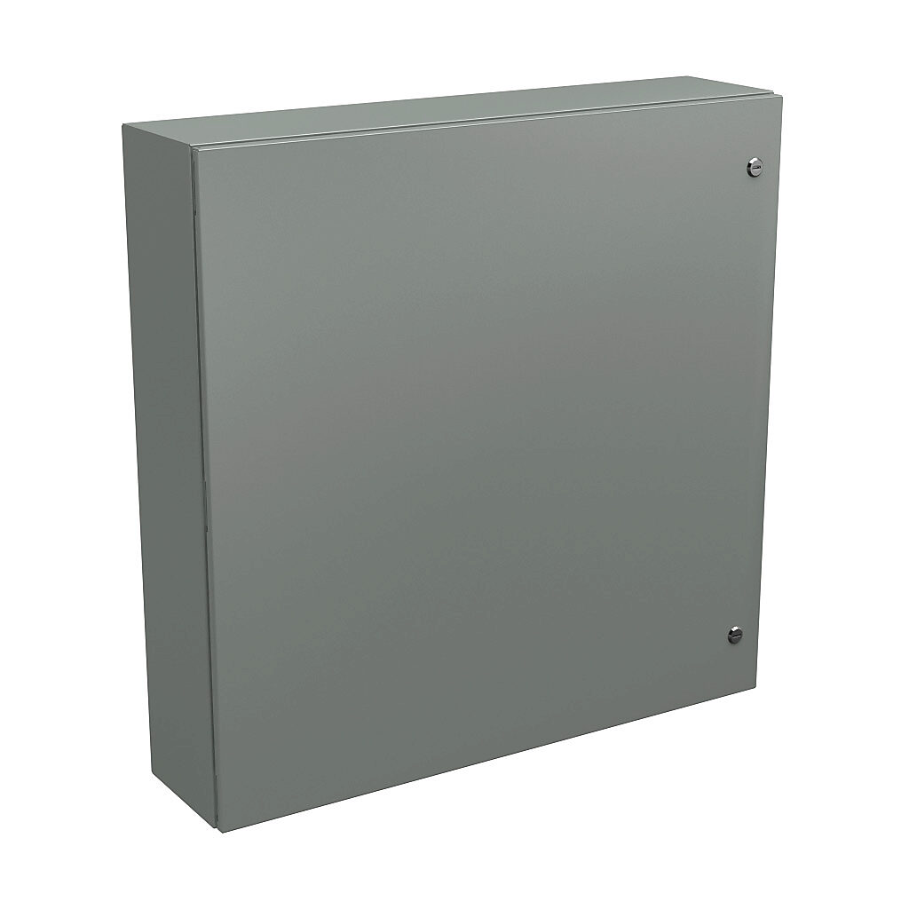 N412363608C - Wiegmann Ultimate series enclosure, NEMA 4/12/13, 36 x 36 x 8in (HxWxD), wall mount, carbon steel, ANSI 61 gray, powder coat finish, single-door, 1/4-turn semi-flush oil-tight latch.