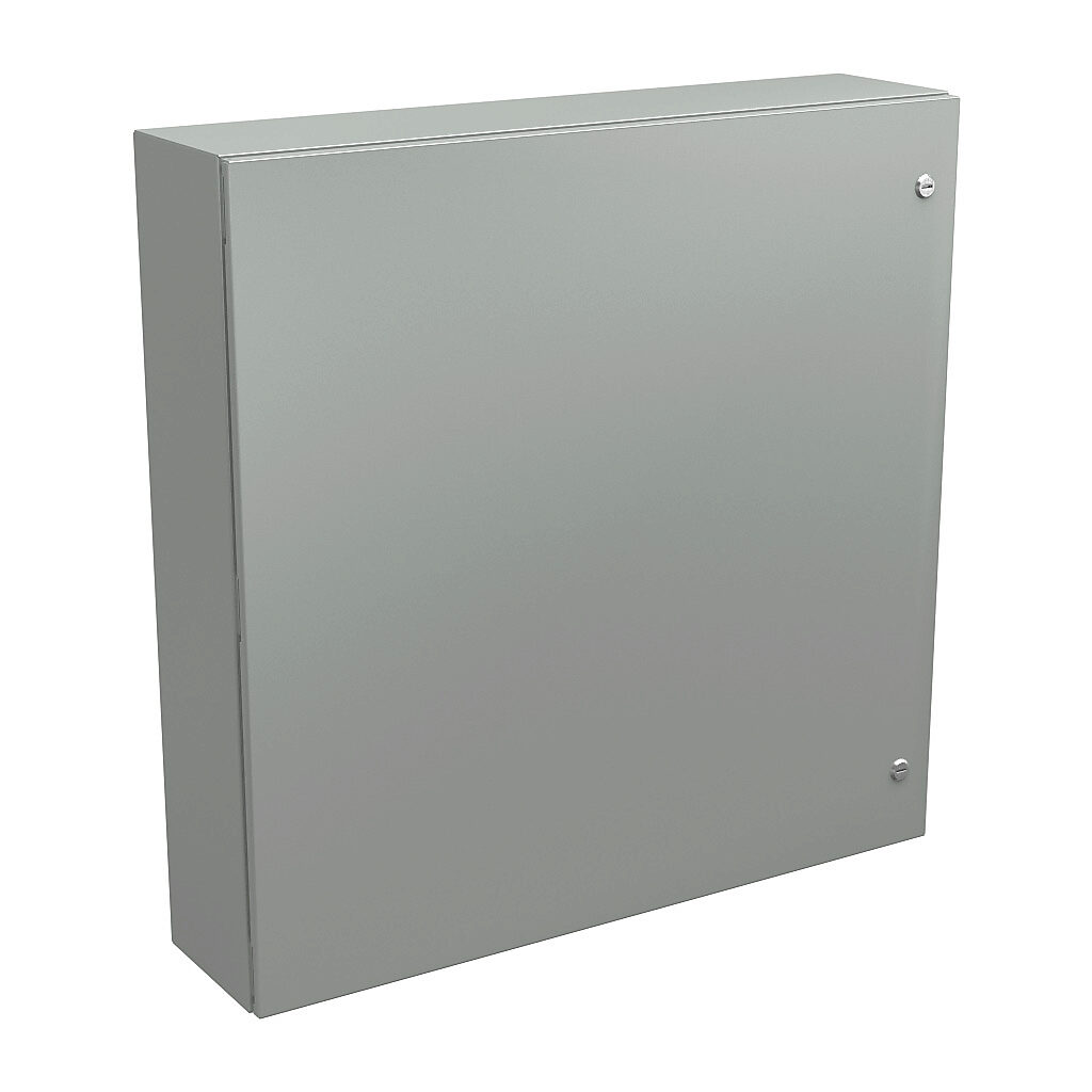 N412363608CLG - Wiegmann Ultimate series enclosure, NEMA 4/12/13, 36 x 36 x 8in (HxWxD), wall mount, carbon steel, RAL 7035 light gray, powder coat finish, single-door, 1/4-turn semi-flush oil-tight latch.