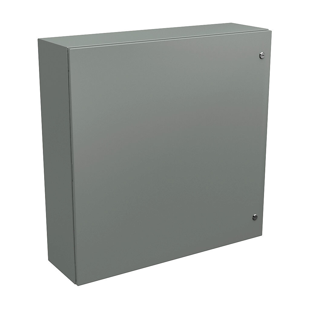 N412363610C - Wiegmann Ultimate series enclosure, NEMA 4/12/13, 36 x 36 x 10in (HxWxD), wall mount, carbon steel, ANSI 61 gray, powder coat finish, single-door, 1/4-turn semi-flush oil-tight latch.