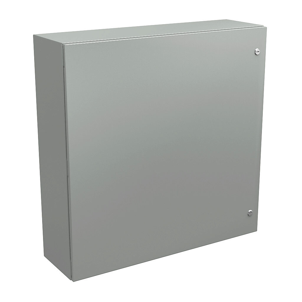N412363610CLG - Wiegmann Ultimate series enclosure, NEMA 4/12/13, 36 x 36 x 10in (HxWxD), wall mount, carbon steel, RAL 7035 light gray, powder coat finish, single-door, 1/4-turn semi-flush oil-tight latch.