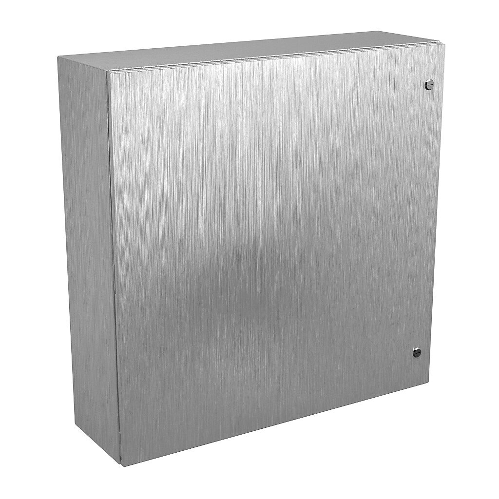 N412363610SSC - Wiegmann Ultimate series enclosure, NEMA 4/4X/12/13, 36 x 36 x 10in (HxWxD), wall mount, 304 stainless steel, No. 3 intermediate polished finish, single-door, 1/4-turn semi-flush oil-tight latch.