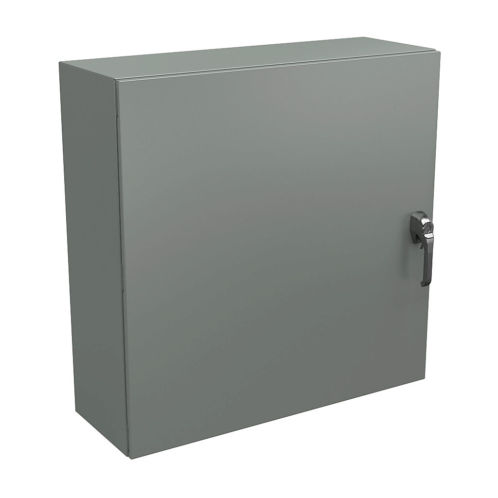 N4123636123PTC - Wiegmann Ultimate series enclosure, NEMA 4/12/13, 36 x 36 x 12in (HxWxD), wall mount, carbon steel, ANSI 61 gray, powder coat finish, single-door, 3-point keylocking/padlocking combo handle, handle hasp.