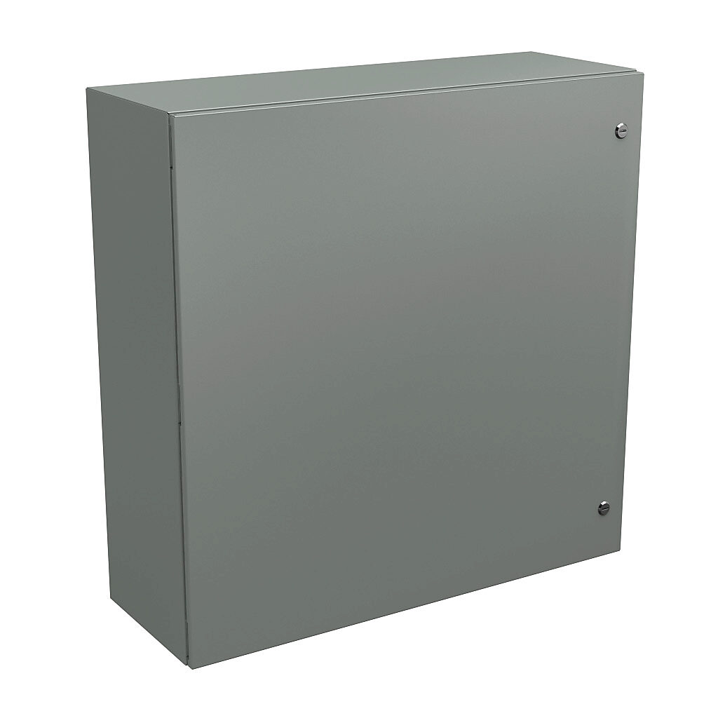 N412363612C - Wiegmann Ultimate series enclosure, NEMA 4/12/13, 36 x 36 x 12in (HxWxD), wall mount, carbon steel, ANSI 61 gray, powder coat finish, single-door, 1/4-turn semi-flush oil-tight latch.