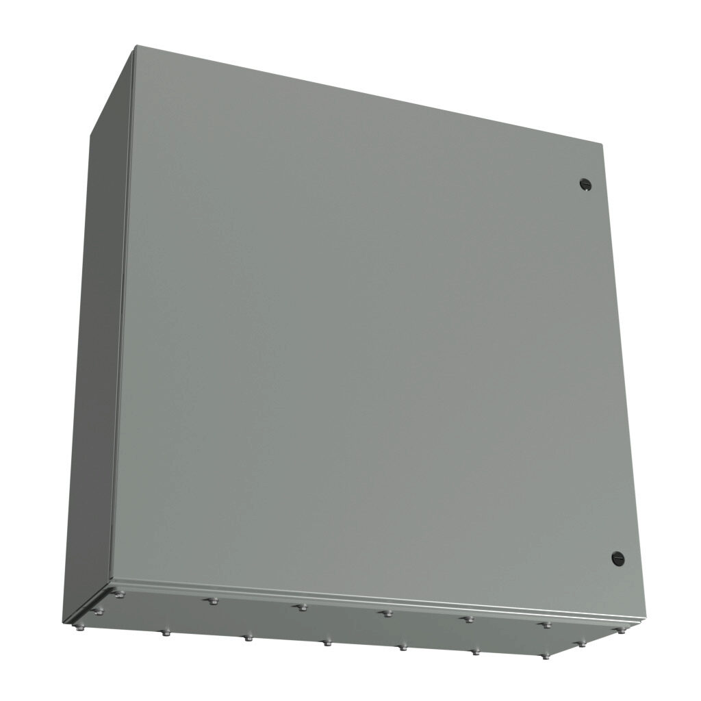 N412363612CGP - Wiegmann Ultimate series enclosure, NEMA 3R/4/12/13, 36 x 36 x 12in (HxWxD), wall mount, bottom gland plate, carbon steel, ANSI 61 gray, powder coat finish, single-door, 1/4-turn semi-flush oil-tight latch.