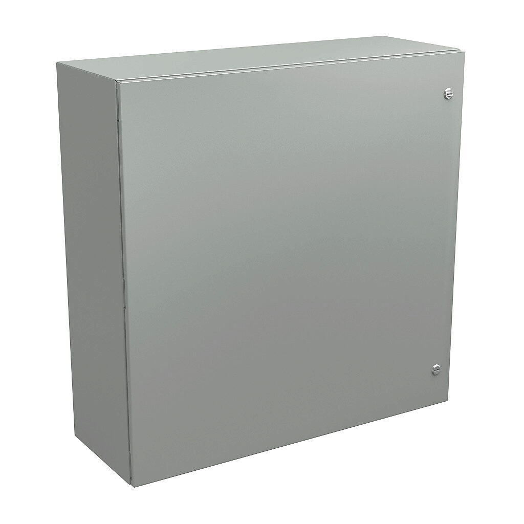 N412363612CLG - Wiegmann Ultimate series enclosure, NEMA 4/12/13, 36 x 36 x 12in (HxWxD), wall mount, carbon steel, RAL 7035 light gray, powder coat finish, single-door, 1/4-turn semi-flush oil-tight latch.