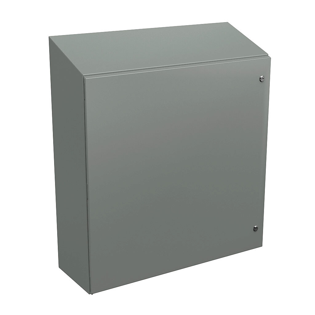 N412363612CST - Wiegmann Ultimate series enclosure, slope top, NEMA 4/12/13, 36 x 36 x 12in (HxWxD), wall mount, carbon steel, ANSI 61 gray, powder coat finish, single-door, 1/4-turn semi-flush oil-tight latch.