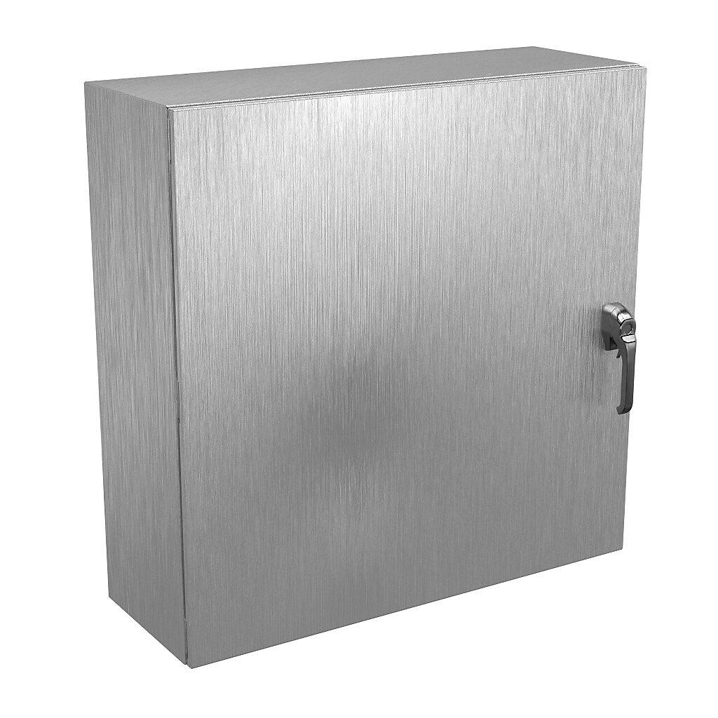 N412363612SS3PTC - Wiegmann Ultimate series enclosure, NEMA 4X/12/13, 36 x 36 x 12in (HxWxD), wall mount, 304 stainless steel, No. 3 intermediate polished finish, single-door, 3-point 316L padlocking handle, handle hasp.
