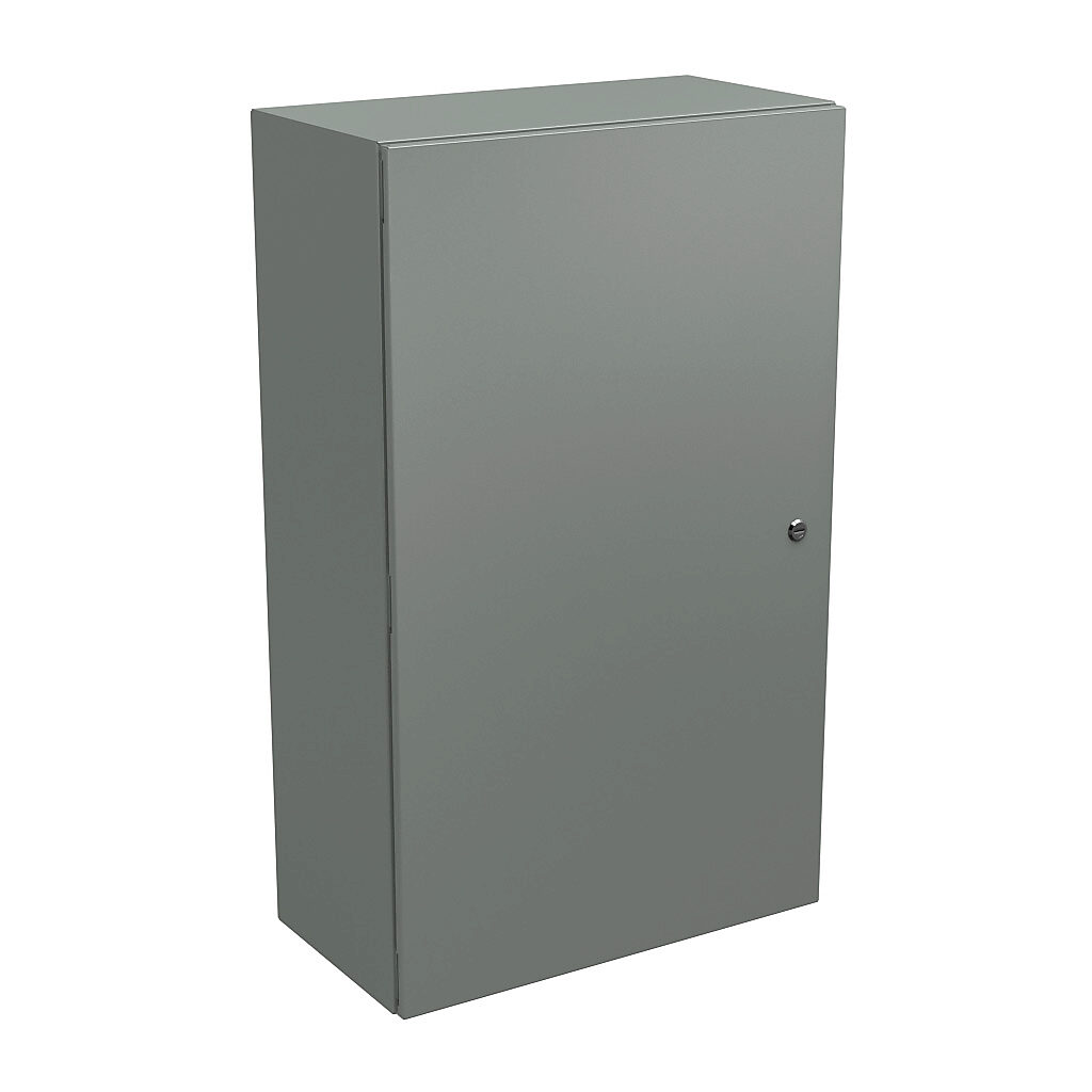 N412402412C - Wiegmann Ultimate series enclosure, NEMA 4/12/13, 40 x 24 x 12in (HxWxD), wall mount, carbon steel, ANSI 61 gray, powder coat finish, single-door, 1/4-turn semi-flush oil-tight latch.