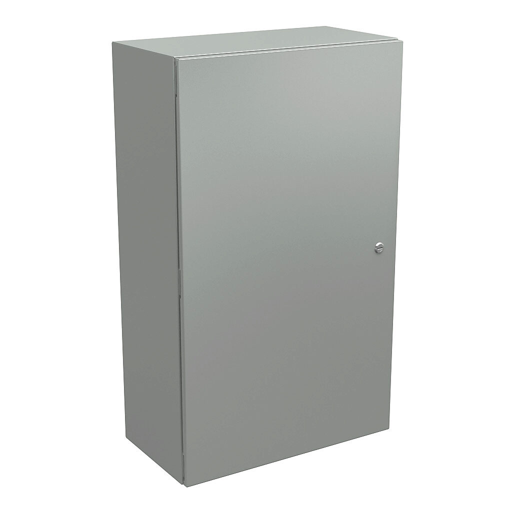 N412402412CLG - Wiegmann Ultimate series enclosure, NEMA 4/12/13, 40 x 24 x 12in (HxWxD), wall mount, carbon steel, RAL 7035 light gray, powder coat finish, single-door, 1/4-turn semi-flush oil-tight latch.