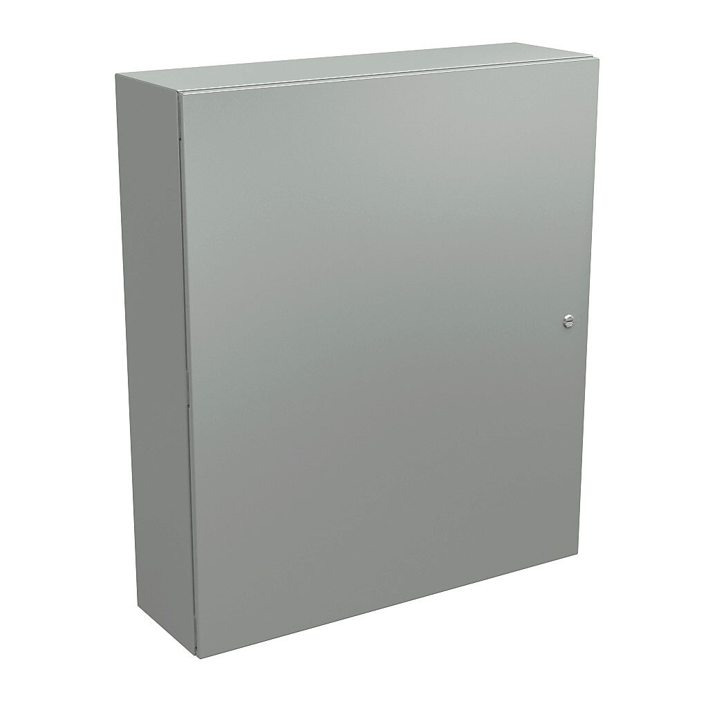 N412423610CLG - Wiegmann Ultimate series enclosure, NEMA 4/12/13, 42 x 36 x 10in (HxWxD), wall mount, carbon steel, RAL 7035 light gray, powder coat finish, single-door, 1/4-turn semi-flush oil-tight latch.