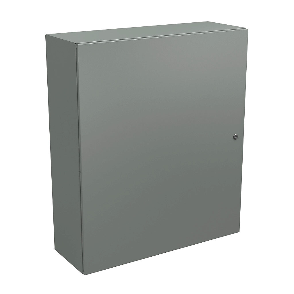 N412423612C - Wiegmann Ultimate series enclosure, NEMA 4/12/13, 42 x 36 x 12in (HxWxD), wall mount, carbon steel, ANSI 61 gray, powder coat finish, single-door, 1/4-turn semi-flush oil-tight latch.