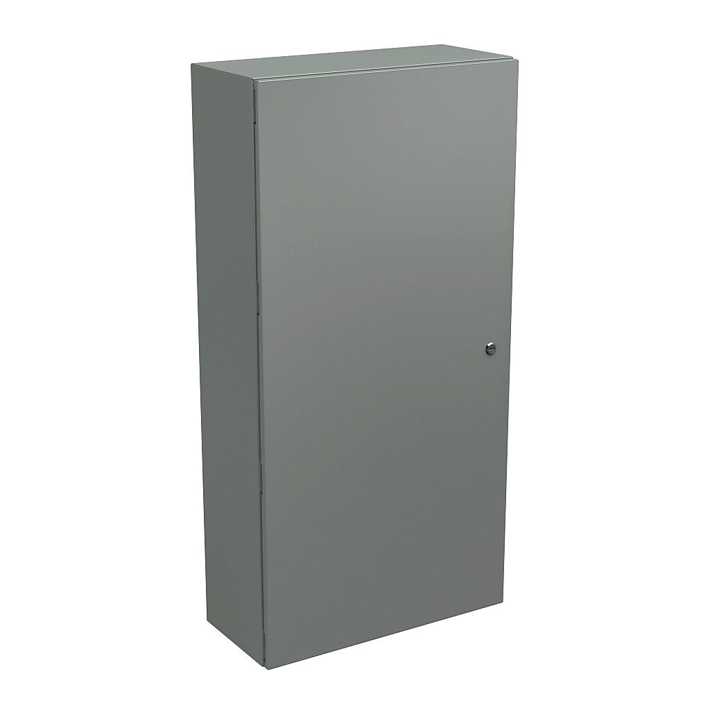 N412482410C - Wiegmann Ultimate series enclosure, NEMA 4/12/13, 48 x 24 x 10in (HxWxD), wall mount, carbon steel, ANSI 61 gray, powder coat finish, single-door, 1/4-turn semi-flush oil-tight latch.