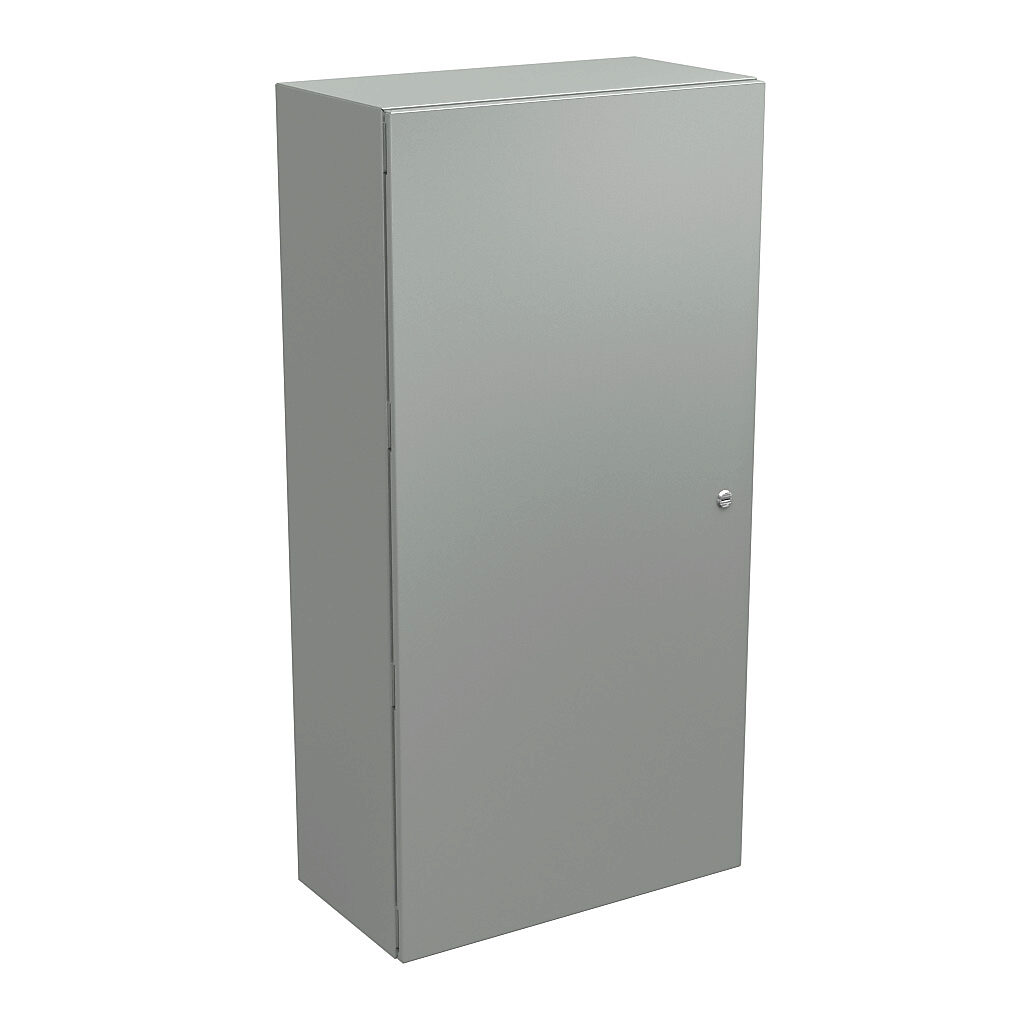 N412482412CLG - Wiegmann Ultimate series enclosure, NEMA 4/12/13, 48 x 24 x 12in (HxWxD), wall mount, carbon steel, RAL 7035 light gray, powder coat finish, single-door, 1/4-turn semi-flush oil-tight latch.