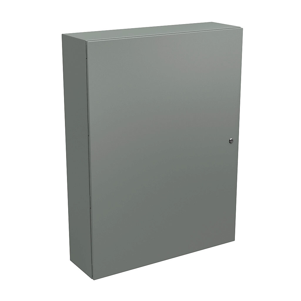 N412483610C - Wiegmann Ultimate series enclosure, NEMA 4/12/13, 48 x 36 x 10in (HxWxD), wall mount, carbon steel, ANSI 61 gray, powder coat finish, single-door, 1/4-turn semi-flush oil-tight latch.