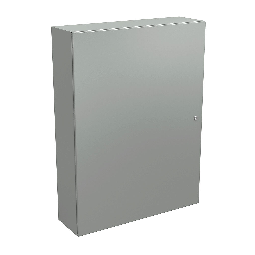 N412483610CLG - Wiegmann Ultimate series enclosure, NEMA 4/12/13, 48 x 36 x 10in (HxWxD), wall mount, carbon steel, RAL 7035 light gray, powder coat finish, single-door, 1/4-turn semi-flush oil-tight latch.
