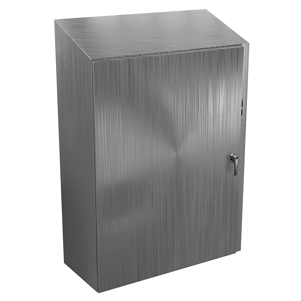 N412483816CSSSTD - Wiegmann Ultimate series disconnect enclosure, slope top, NEMA 4/4X/12/13, right flange, 48 x 38 x 16in (HxWxD), wall mount, 304 stainless steel, No. 3 intermediate polished finish, single-door, 3-point padlocking handle, purcha...