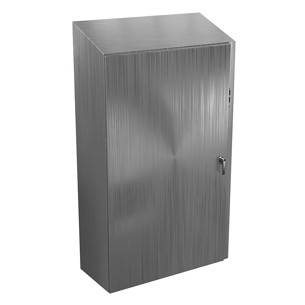 N412603816CSSSTD - Wiegmann Ultimate series disconnect enclosure, slope top, NEMA 4/4X/12/13, right flange, 60 x 38 x 16in (HxWxD), wall mount, 304 stainless steel, No. 3 intermediate polished finish, single-door, 3-point padlocking handle, purcha...
