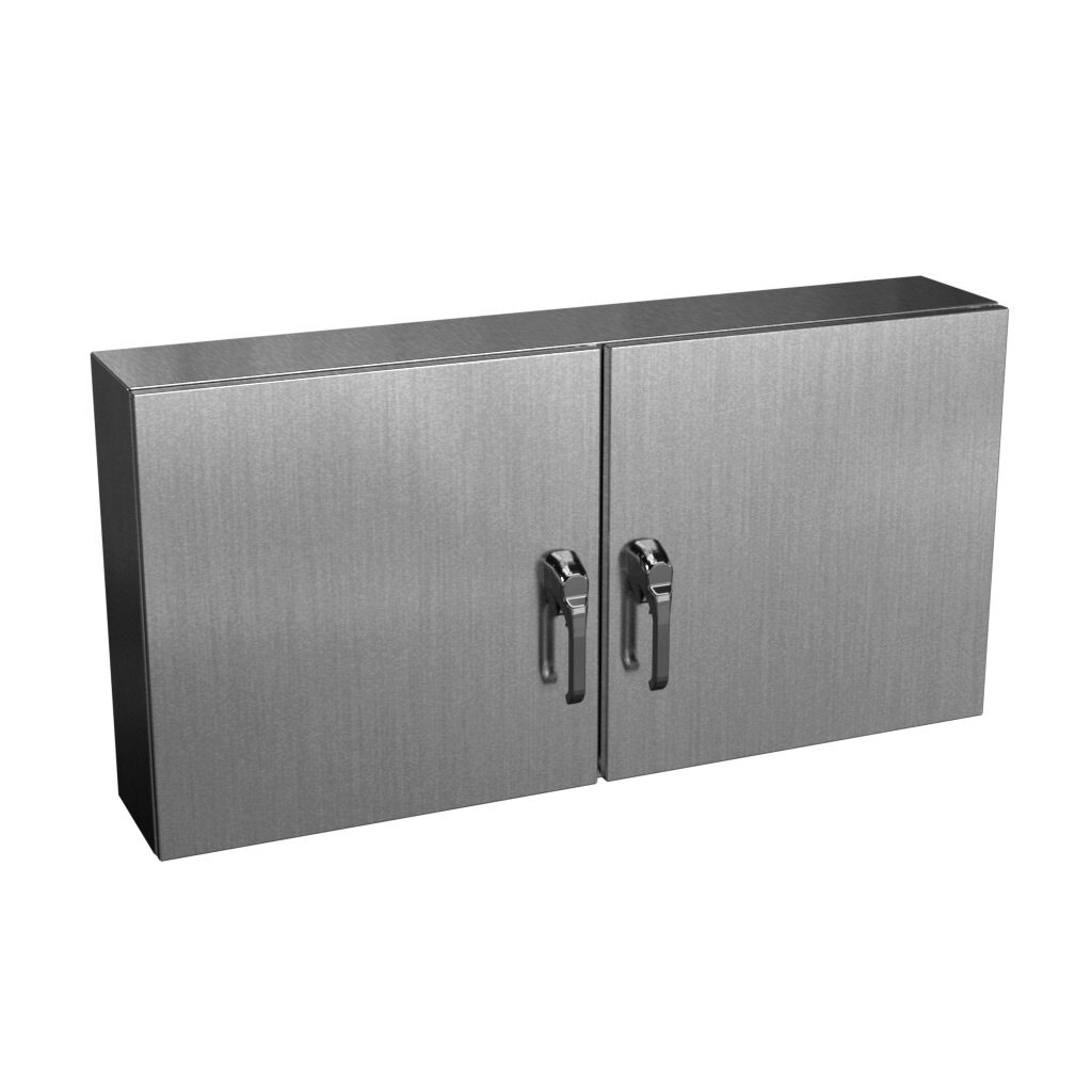 N412D244808SSC - Wiegmann Ultimate series enclosure, NEMA 3R/4/4X/12/13, 24 x 48 x 8in (HxWxD), wall mount, 304 stainless steel, No. 3 intermediate polished finish, 2-door, 3-point keylocking/padlocking combo handle, handle hasp.