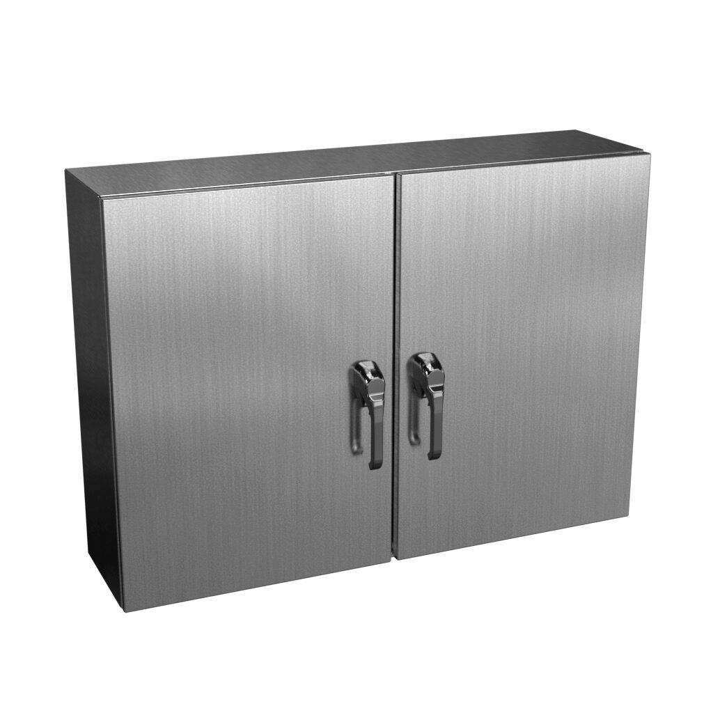 N412D304210SSC - Wiegmann Ultimate series enclosure, NEMA 3R/4/4X/12/13, 30 x 42 x 10in (HxWxD), wall mount, 304 stainless steel, No. 3 intermediate polished finish, 2-door, 3-point keylocking/padlocking combo handle, handle hasp.