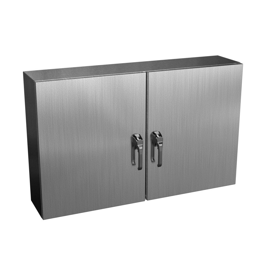 N412D304810SSC - Wiegmann Ultimate series enclosure, NEMA 3R/4/4X/12/13, 30 x 48 x 10in (HxWxD), wall mount, 304 stainless steel, No. 3 intermediate polished finish, 2-door, 3-point keylocking/padlocking combo handle, handle hasp.