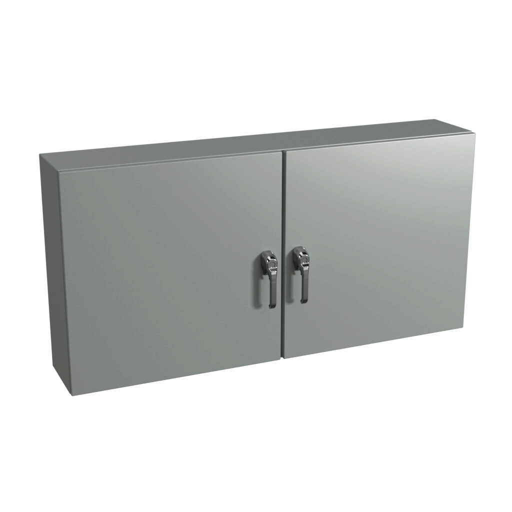 N412D306010C - Wiegmann Ultimate series enclosure, NEMA 3R/4/12/13, 30 x 60 x 10in (HxWxD), wall mount, carbon steel, ANSI 61 gray, powder coat finish, 2-door, 3-point keylocking/padlocking combo handle, handle hasp.