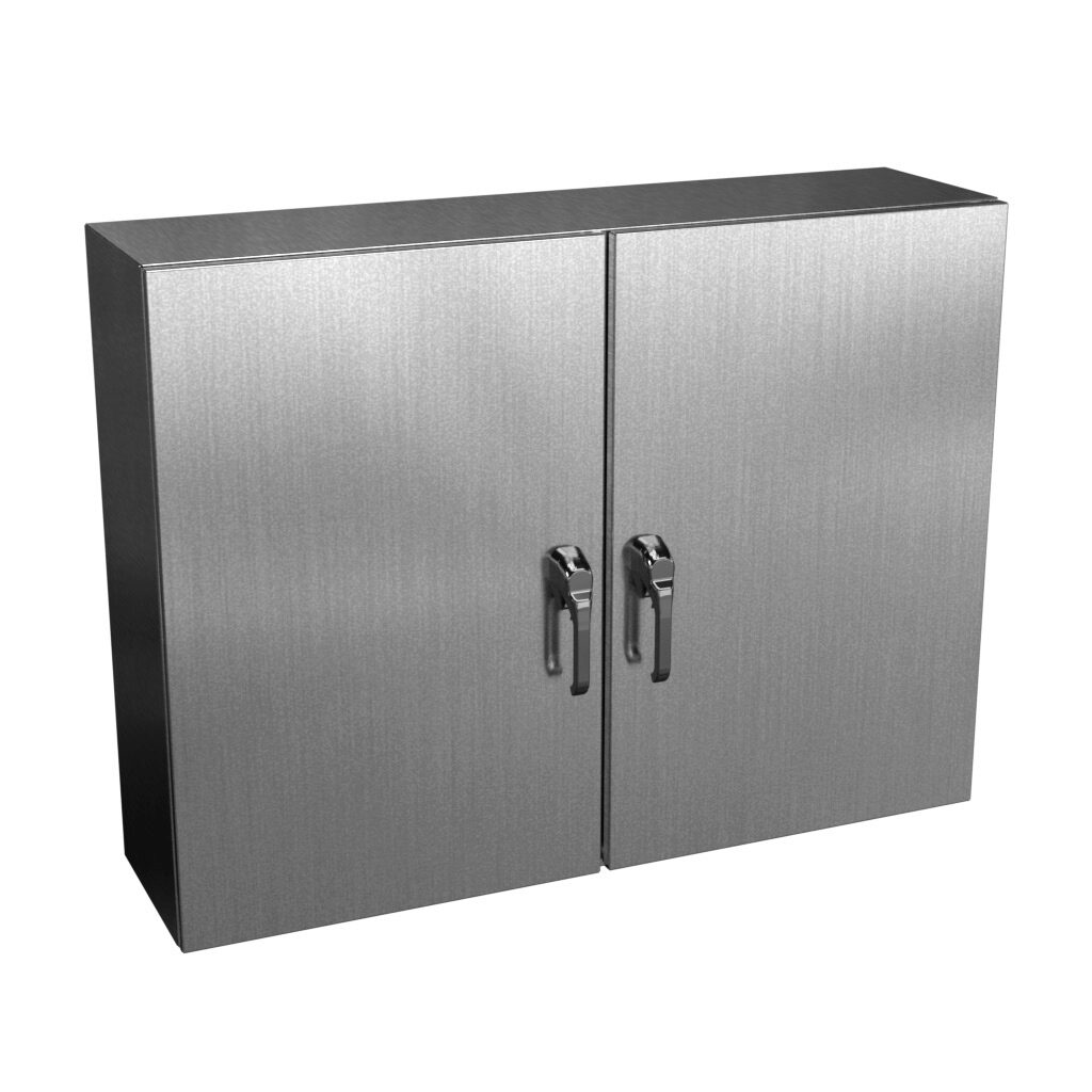 N412D364812SSC - Wiegmann Ultimate series enclosure, NEMA 3R/4/4X/12/13, 36 x 48 x 12in (HxWxD), wall mount, 304 stainless steel, No. 3 intermediate polished finish, 2-door, 3-point keylocking/padlocking combo handle, handle hasp.