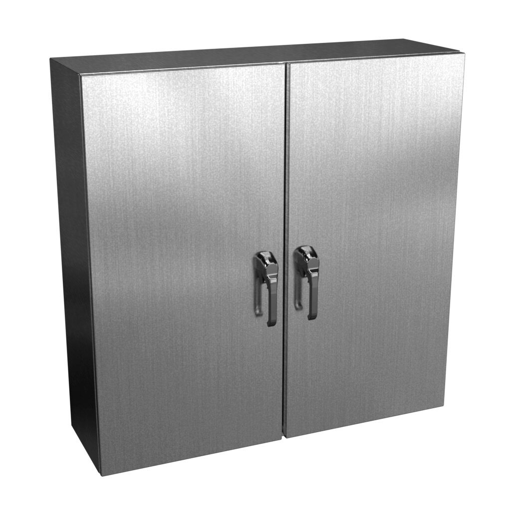 N412D424212SSC - Wiegmann Ultimate series enclosure, NEMA 3R/4/4X/12/13, 42 x 42 x 12in (HxWxD), wall mount, 304 stainless steel, No. 3 intermediate polished finish, 2-door, 3-point keylocking/padlocking combo handle, handle hasp.