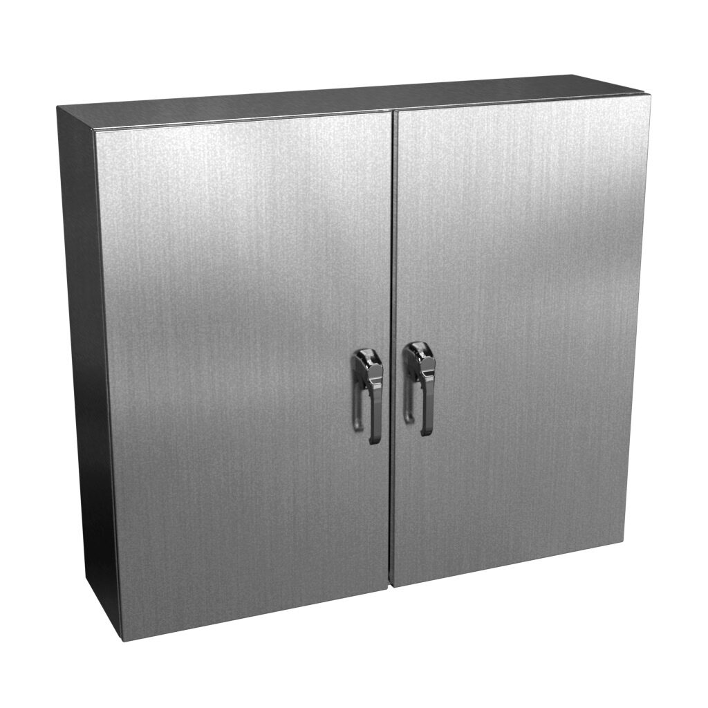 N412D424812SSC - Wiegmann Ultimate series enclosure, NEMA 3R/4/4X/12/13, 42 x 48 x 12in (HxWxD), wall mount, 304 stainless steel, No. 3 intermediate polished finish, 2-door, 3-point keylocking/padlocking combo handle, handle hasp.
