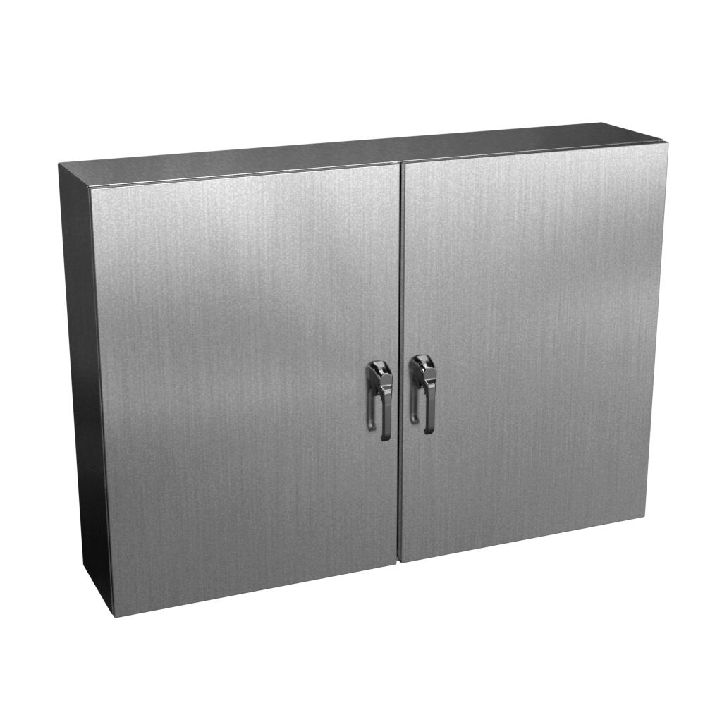 N412D426012SSC - Wiegmann Ultimate series enclosure, NEMA 3R/4/4X/12/13, 42 x 60 x 12in (HxWxD), wall mount, 304 stainless steel, No. 3 intermediate polished finish, 2-door, 3-point keylocking/padlocking combo handle, handle hasp.