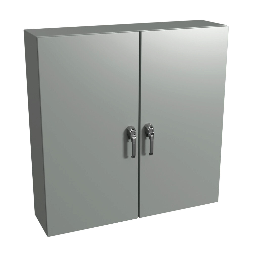 N412D484812C - Wiegmann Ultimate series enclosure, NEMA 3R/4/12/13, 48 x 48 x 12in (HxWxD), wall mount, carbon steel, ANSI 61 gray, powder coat finish, 2-door, 3-point keylocking/padlocking combo handle, handle hasp.