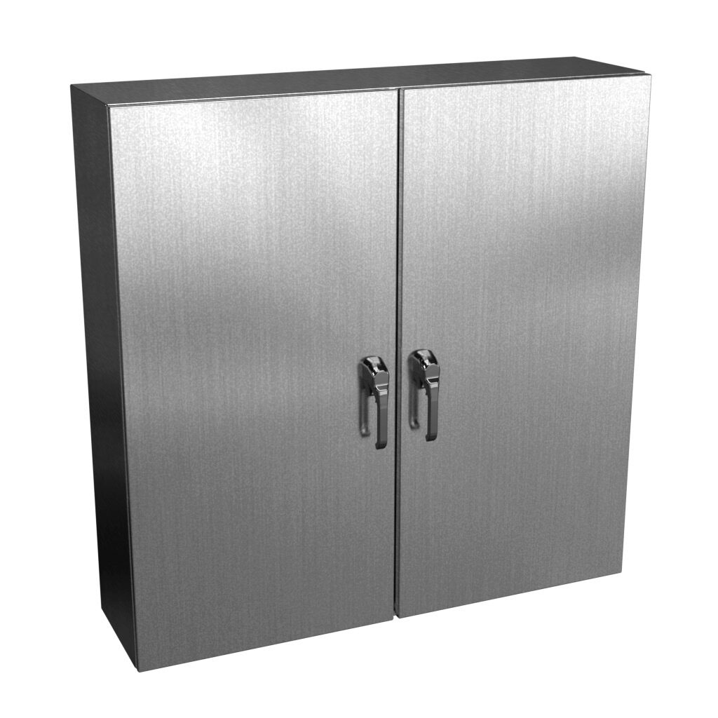 N412D484812SSC - Wiegmann Ultimate series enclosure, NEMA 3R/4/4X/12/13, 48 x 48 x 12in (HxWxD), wall mount, 304 stainless steel, No. 3 intermediate polished finish, 2-door, 3-point keylocking/padlocking combo handle, handle hasp.