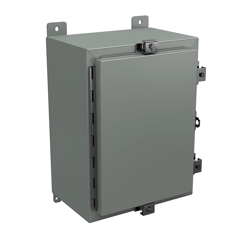 N4161208 - Wiegmann enclosure, NEMA 4/12/13, 16 x 12 x 8in (HxWxD), wall mount, carbon steel, ANSI 61 gray, powder coat finish, single-door, stainless steel clamps, padlock hasp and staple.