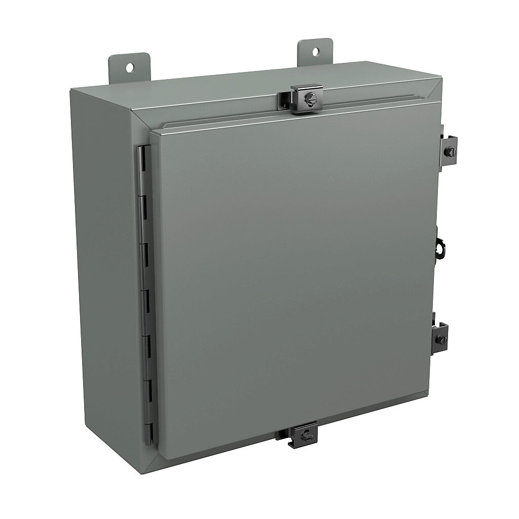 N4161606 - Wiegmann enclosure, NEMA 4/12/13, 16 x 16 x 6in (HxWxD), wall mount, carbon steel, ANSI 61 gray, powder coat finish, single-door, stainless steel clamps, padlock hasp and staple.