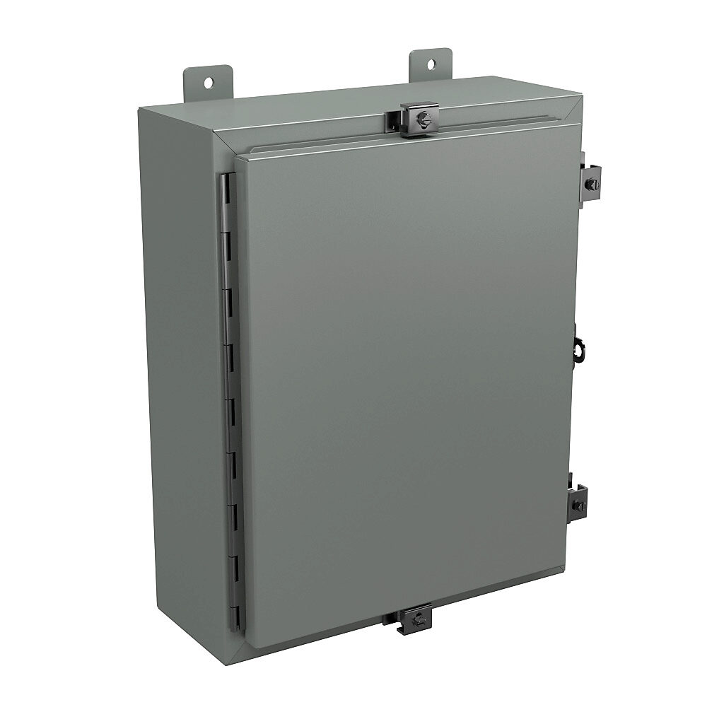 N4201606 - Wiegmann enclosure, NEMA 4/12/13, 20 x 16 x 6in (HxWxD), wall mount, carbon steel, ANSI 61 gray, powder coat finish, single-door, stainless steel clamps, padlock hasp and staple.