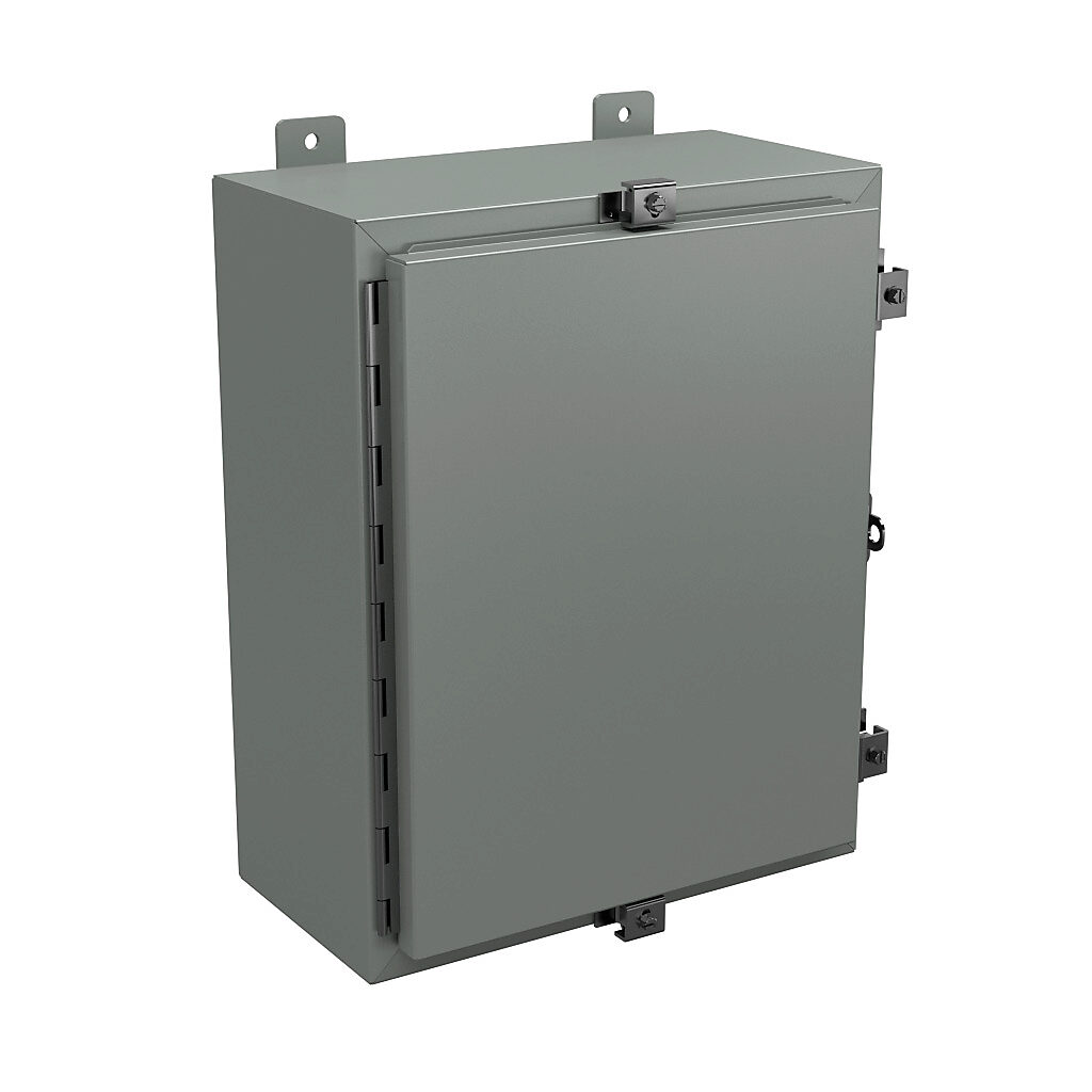 N4201608 - Wiegmann enclosure, NEMA 4/12/13, 20 x 16 x 8in (HxWxD), wall mount, carbon steel, ANSI 61 gray, powder coat finish, single-door, stainless steel clamps, padlock hasp and staple.